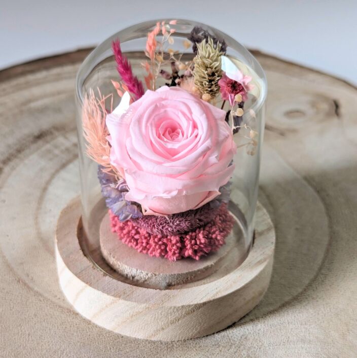Cloche en verre et fleurs séchées pour décoration d’intérieur, Pink Purple 2