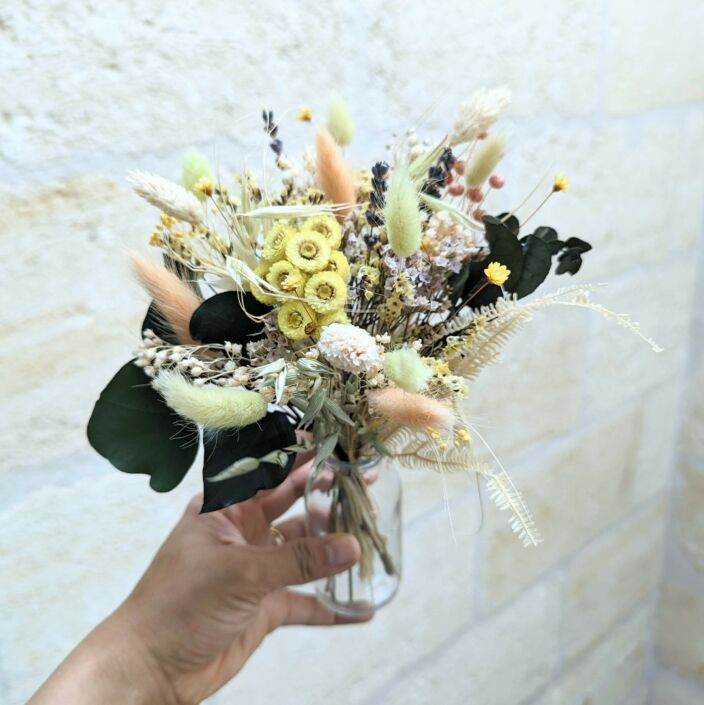 Petit bouquet de fleurs séchées naturelles aux tons ensoleillés avec vase en verre transparent, Limone 4