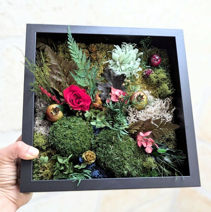 Tableau végétal en fleurs et plantes naturelles stabilisées, Jardin Éternel 2