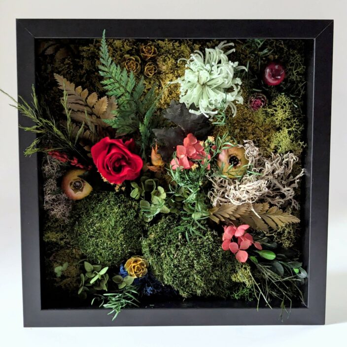 Tableau végétal en fleurs et plantes naturelles stabilisées, Jardin Éternel