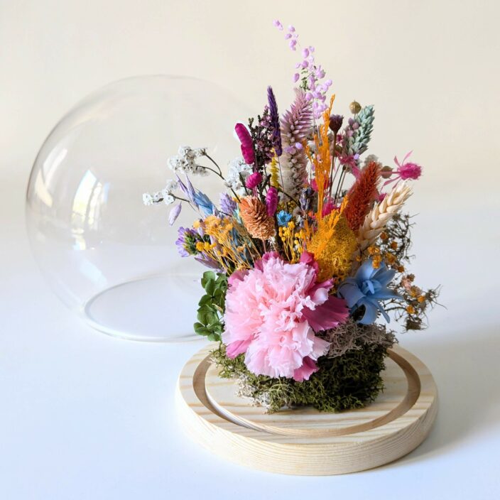 Cloche en verre avec fleurs naturelles aux couleurs vibrantes pour décoration d’intérieur, Sully