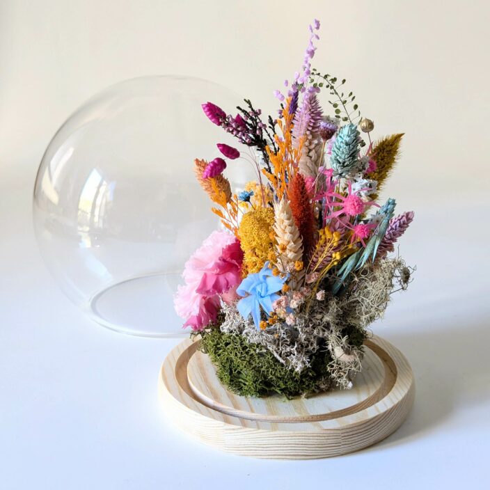 Cloche en verre avec fleurs naturelles aux couleurs vibrantes pour décoration d’intérieur, Sully 2