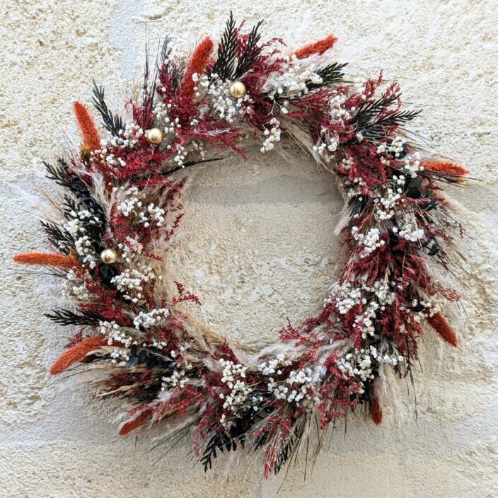 Couronne murale en fleurs naturelles séchées et stabilisées, Félicie